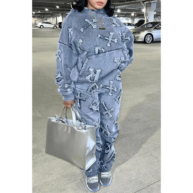 Fitness Women 2 Piece Set Fake Denim Printed Baggy Hoodies Jogging Pants Matching Set 2023 Fall Winter Outfits Sporty Tracksuits Purplish Diva