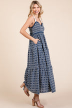 Geometric Embroidered Smocked Tie Shoulder Midi Dress For Women – Fluttering, Trendy and Chic Embroidered Midi Dress with Tie Shoulders