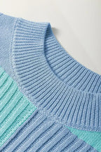 Light Blue Checkered Color Block Crew Neck Short Sleeve Sweater