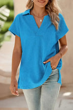 White Textured V Neck Collared Split Hem T Shirt