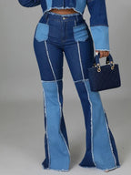 Women's Matching Set Denim Patchwork Vintage Short Jacket and Flare Pant Two Piece Set Outfit Autumn Casual Y2K Fashion Sets Purplish Diva