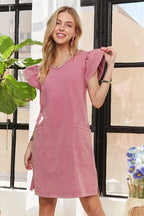 Mineral Washed V-Neck Ruffled Cap Sleeve Dress – Trendy, Comfortable, Playful, Unique Wash For Any Occasion Stevvex
