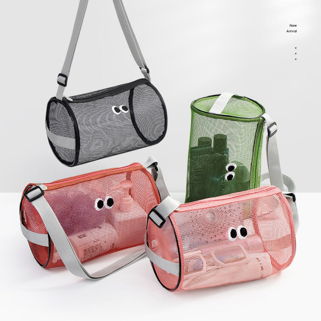 Big eye mesh cylinder bag, breathable leisure travel crossbody bag mesh, portable crossbody beach bag, swimming wash storage bag - SJB-DIAMOND ELITES