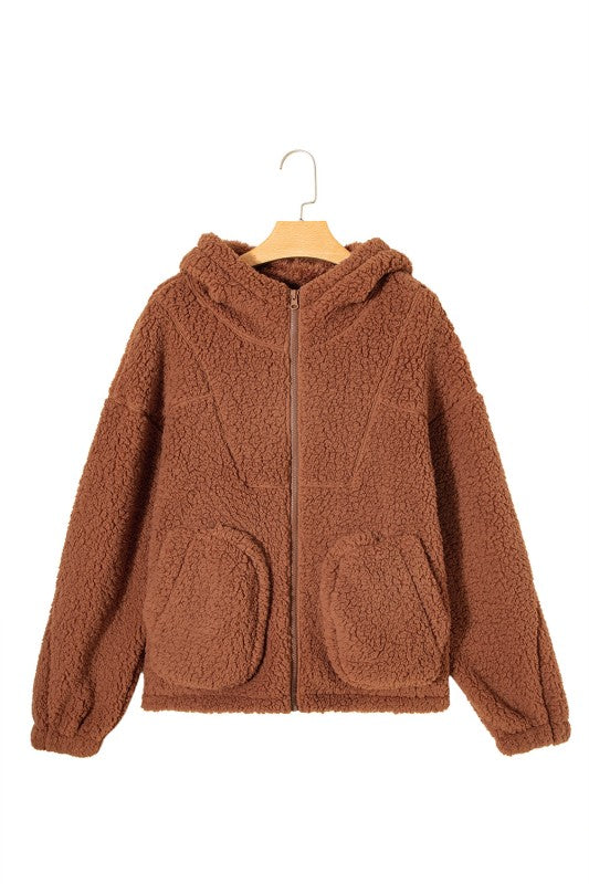 Solid Sherpa Fleece Zip Up Hooded Jacket THRIXINE