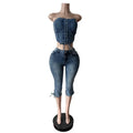 Fashion Sexy Lace-up Crop Jean Tube Top Women's Club Party Elastic Skinny Cropped Jeans Streetwear Two Piece Sets Purplish Diva