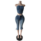 Fashion Sexy Lace-up Crop Jean Tube Top Women's Club Party Elastic Skinny Cropped Jeans Streetwear Two Piece Sets Purplish Diva