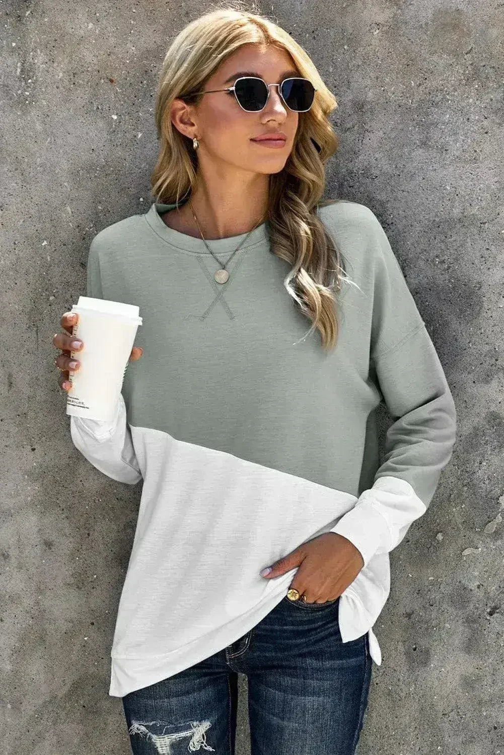 Gray White Patchwork Dropped Shoulder Sleeve Sweatshirt - SJB-DIAMOND ELITES