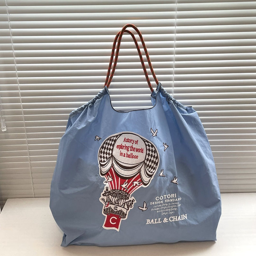 Simple hot air balloon pattern tote bag, embroidered eco-friendly cloth bag for women, nylon portable shoulder bag - SJB-DIAMOND ELITES