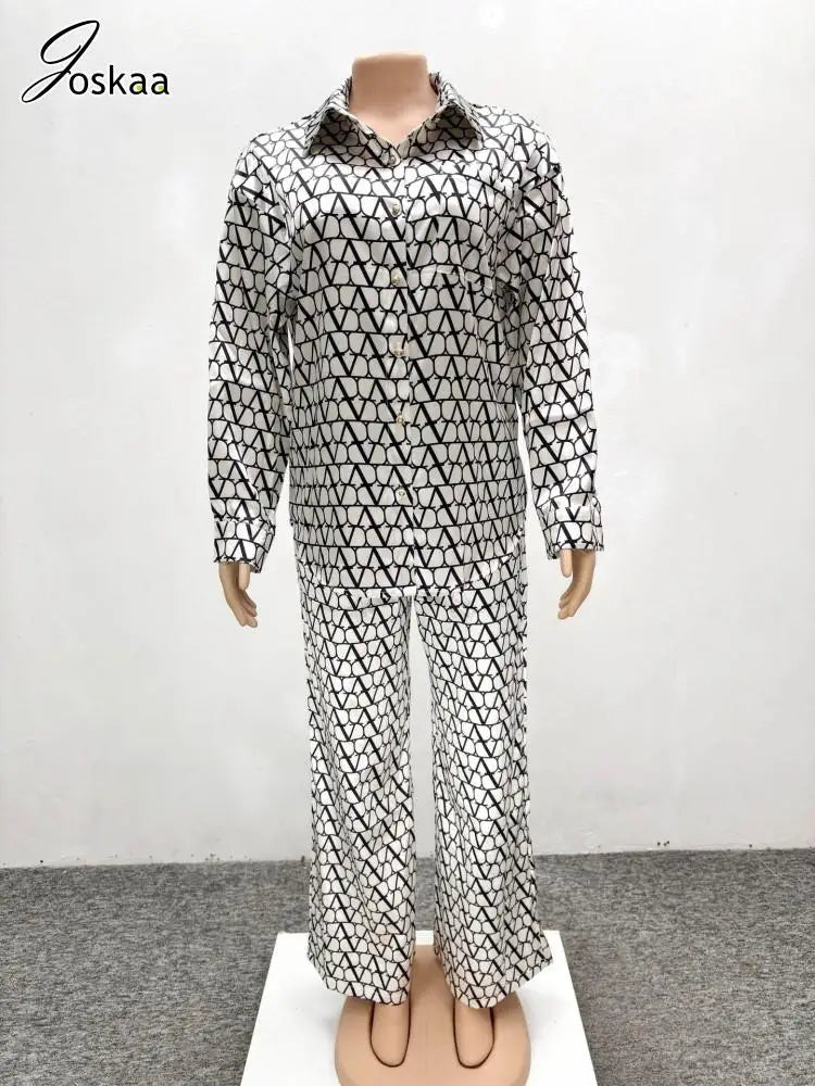 Joskaa Print 2 Piece Sets Women Hipster Lapel Full Sleeve Oversized Blouse and Wide Leg Pants Matching 2025 Y2K Streetwear Purplish Diva