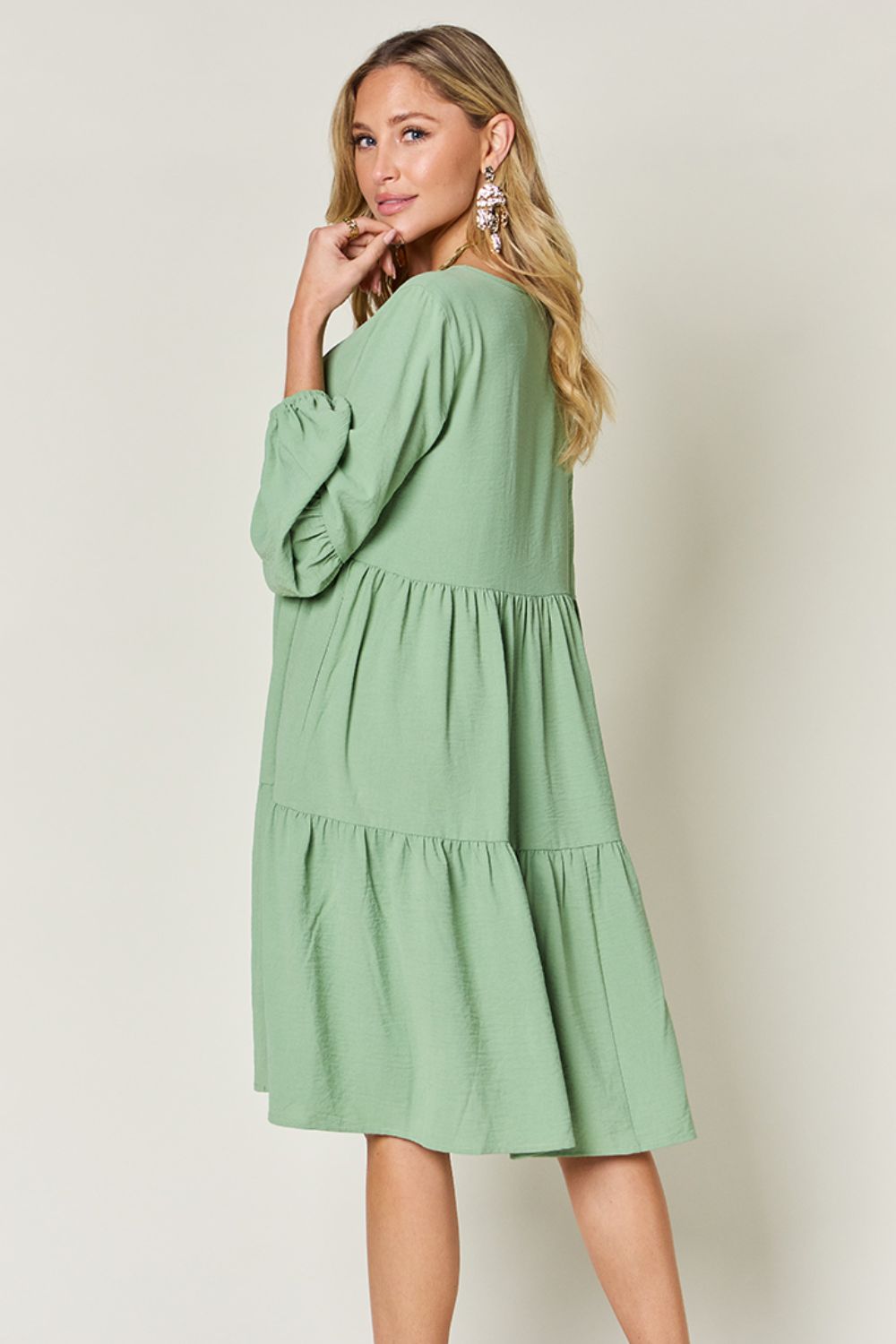 Light Green Double Take Full Size V-Neck Sleeve Tiered Dress with Pockets Elegant & Comfortable Casual Dress Stevvex