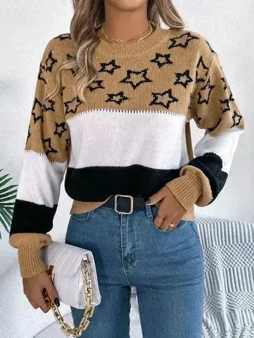 Star Contrast Round Neck Sweater - SJB-DIAMOND ELITES