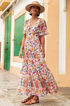 Red Floral Short Sleeve V Neck High Waist Maxi Dress