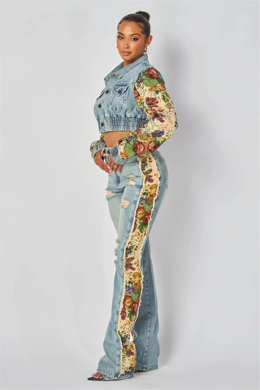 2024 Women's Printed Splicing Denim Jacket Long Sleeve and Piercing Jeans Long Pants Color Contrasting Set Two Piece Set Purplish Diva