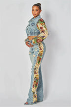 2024 Women's Printed Splicing Denim Jacket Long Sleeve and Piercing Jeans Long Pants Color Contrasting Set Two Piece Set Purplish Diva
