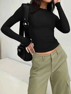 Solid Color Round Neck Long Sleeve T-Shirt THRIXINE