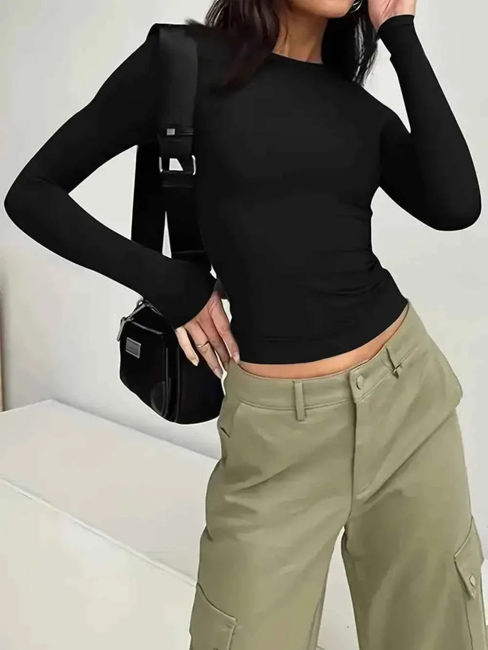Solid Color Round Neck Long Sleeve T-Shirt THRIXINE