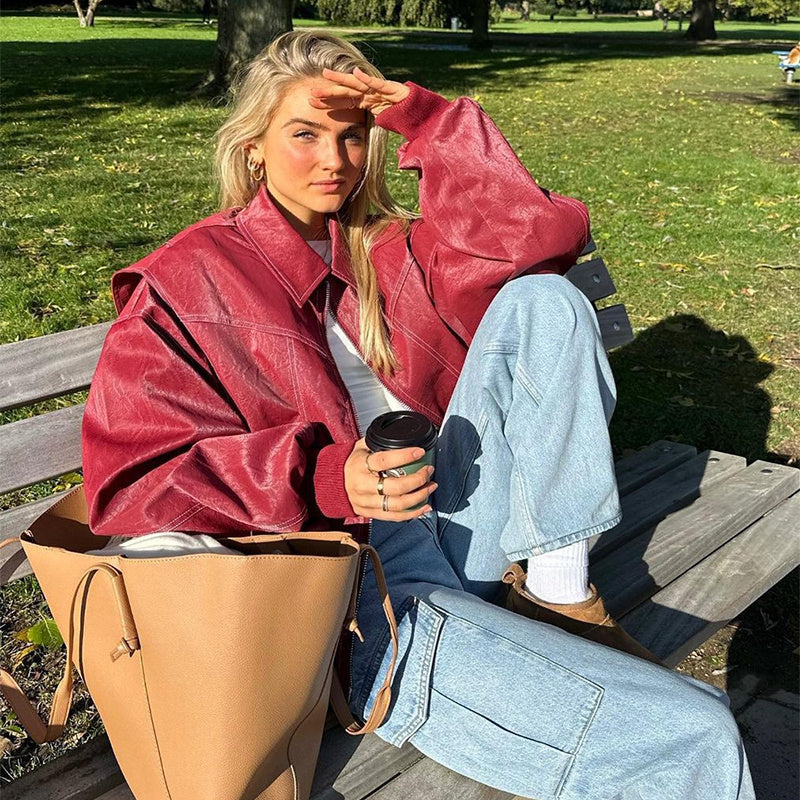 Loose Fashion Lapel Zip-up Jacket Cool Long Sleeve Zipper Closure Moto Biker Leather Jacket Womens Clothing Pi-Mart