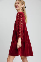 Dotted Lace Sleeve Tiered Velvet Mini Dress For Women – Vintage Lace Dress, Tiered Velvet Dress, Elegant Party Dress, Whimsical Lace Sleeve Dress, Chic Mini Dress Stevvex
