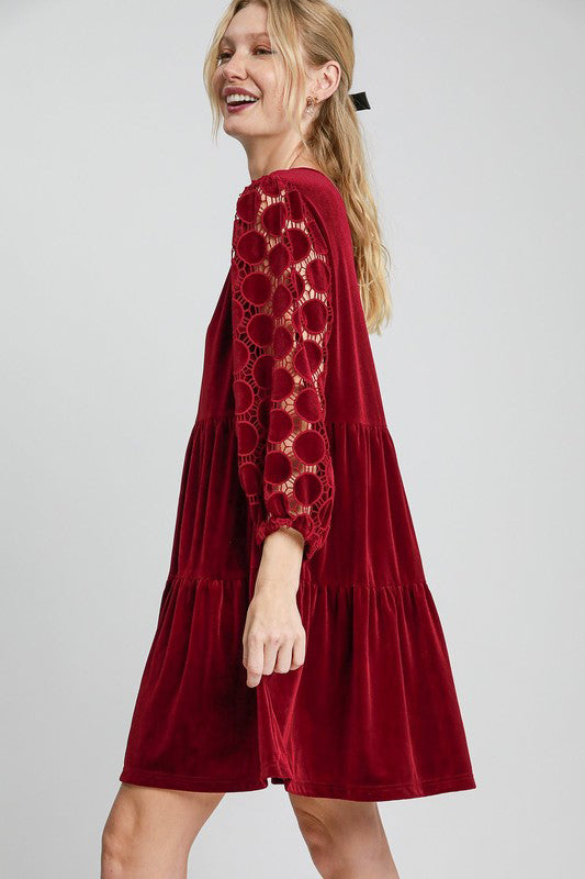 Dotted Lace Sleeve Tiered Velvet Mini Dress For Women – Vintage Lace Dress, Tiered Velvet Dress, Elegant Party Dress, Whimsical Lace Sleeve Dress, Chic Mini Dress Stevvex