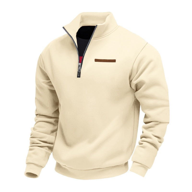Fleece-lined Mid-length Zip-up Loose-fit Stand-up Collar Casual Hoodie