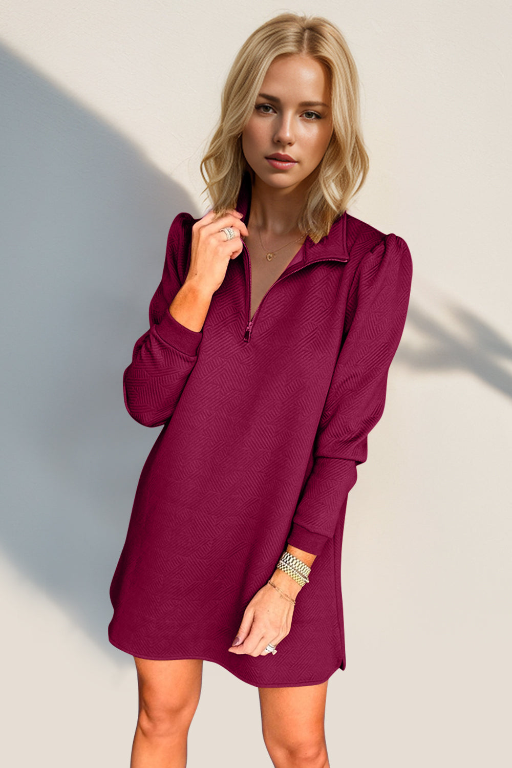 Double Take Textured Zip Long Sleeve Dress Classic Zip-Up Dress for Women Comfortable Outdoor Dress Stevvex