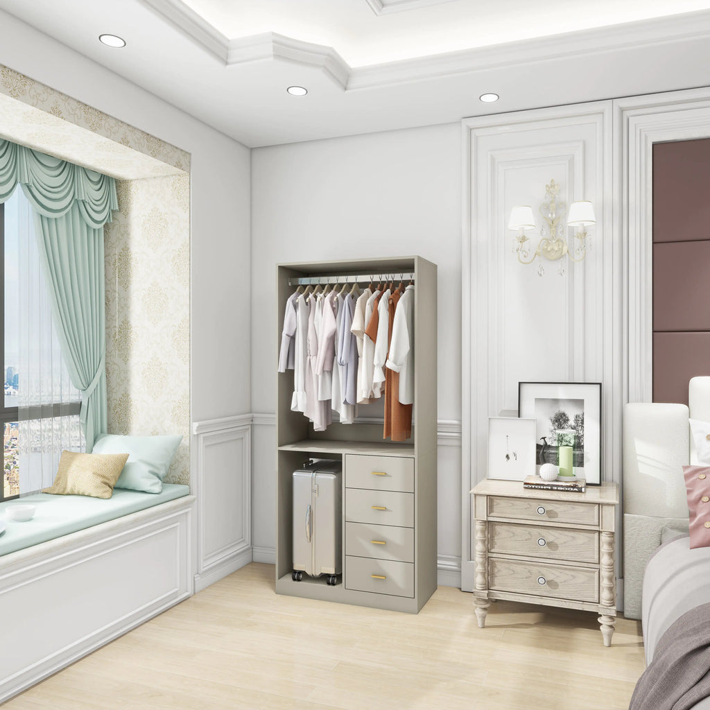 305 GreyCloset System: Walk-in Closet Organizer System with 4 Drawers Closet Kit with Shelves Hanging Rod Metal Handles Built-in Storage Organization 31.5"W x 15.7"D x 70.8"H Pi-Mart