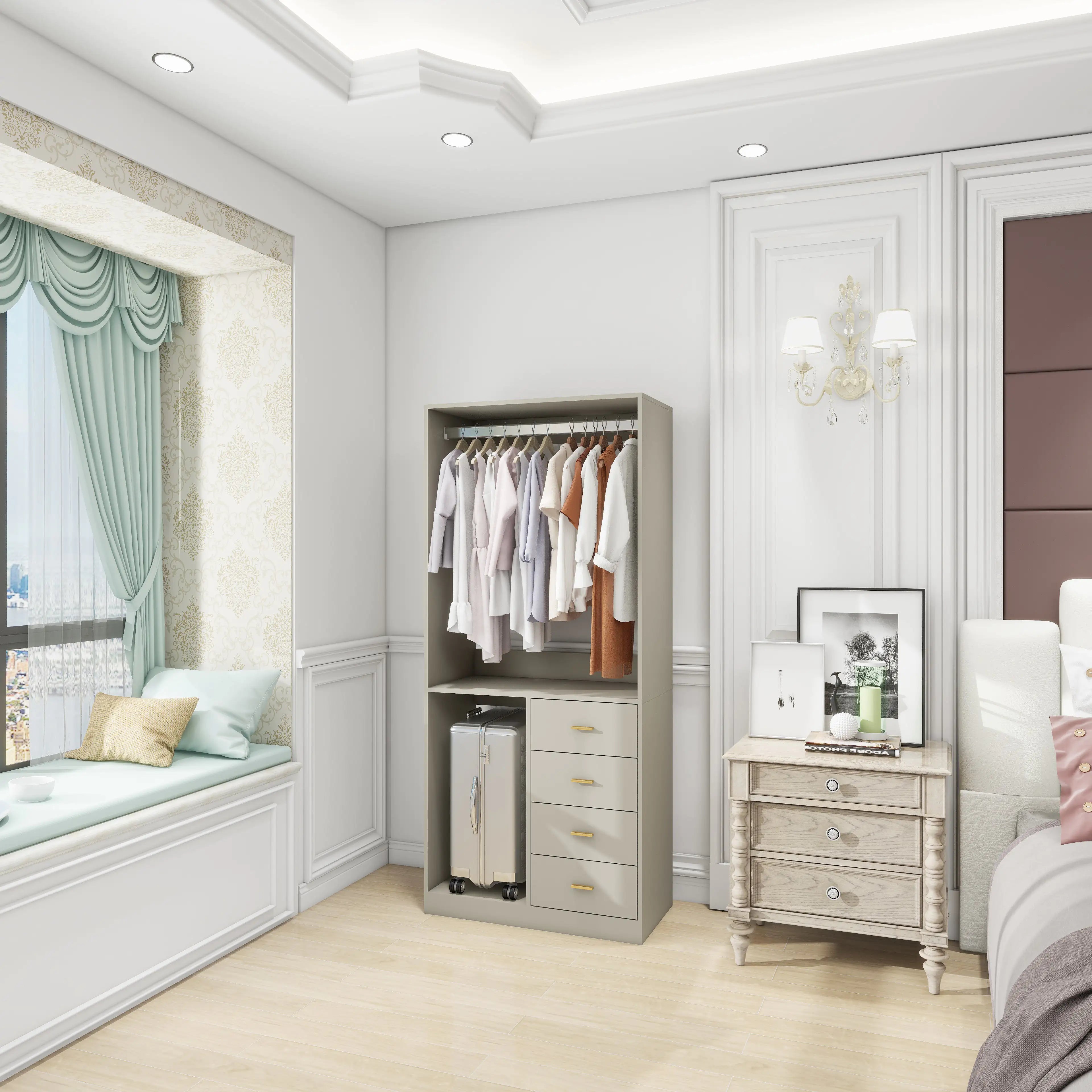 305 GreyCloset System: Walk-in Closet Organizer System with 4 Drawers Closet Kit with Shelves Hanging Rod Metal Handles Built-in Storage Organization 31.5"W x 15.7"D x 70.8"H Pi-Mart