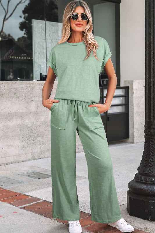 Solid Short Sleeve Tee and Drawstring Pants Set THRIXINE
