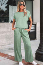 Solid Short Sleeve Tee and Drawstring Pants Set THRIXINE