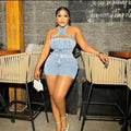 Denim Dress Sets Mini Wrap Buttocks Dress Slim Sheath Solid Two Pieces Sashes Sexy Pullover Tops Washed High Street Spliced Purplish Diva