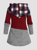 Plus Size Womens Suit Hooded Sweatshirts Colorblock Plaid Print Hoodie Drawstring Textured Tops Imitation Denim Pants Set L-5XL Purplish Diva