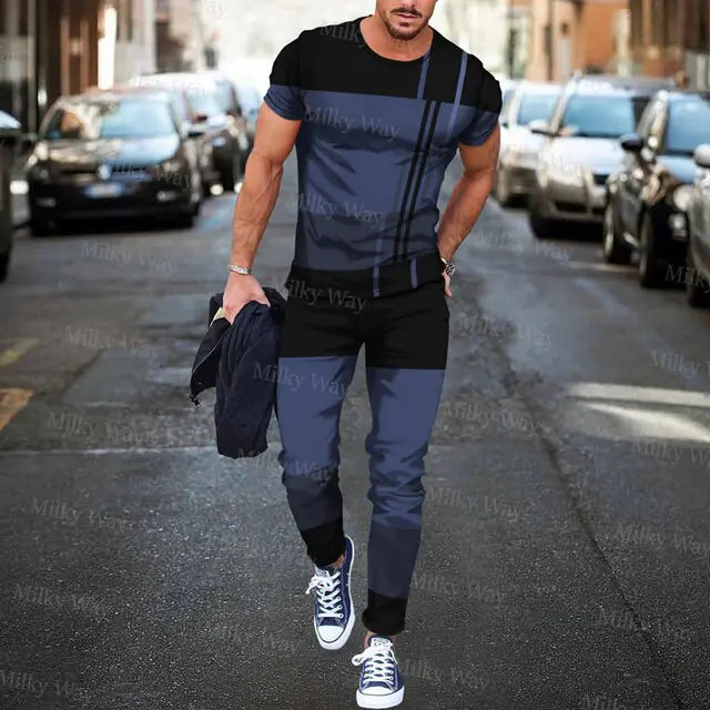 Men's Summer Tracksuit Stripe Print T-shirt Trousers Set Pi-Mart