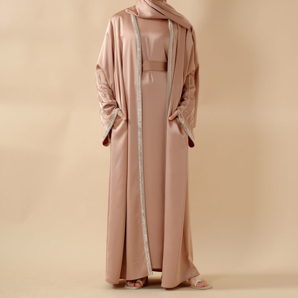 Eid Abaya For Eid Celebrations: Champagne Gold Bead Embroidery Two-Piece Abaya  (MOA113)