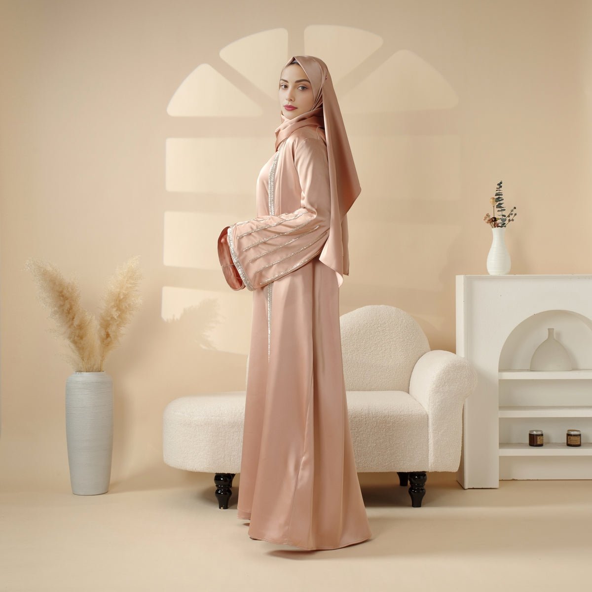 Eid Abaya For Eid Celebrations: Champagne Gold Bead Embroidery Two-Piece Abaya  (MOA113)
