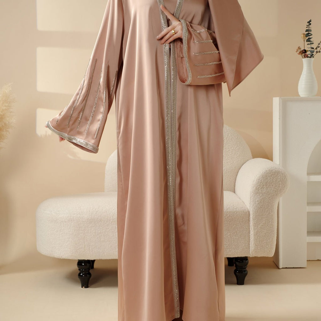 Eid Abaya For Eid Celebrations: Champagne Gold Bead Embroidery Two-Piece Abaya  (MOA113)