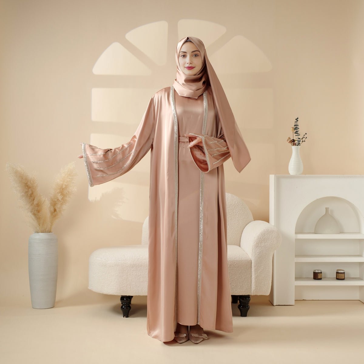Eid Abaya For Eid Celebrations: Champagne Gold Bead Embroidery Two-Piece Abaya  (MOA113)