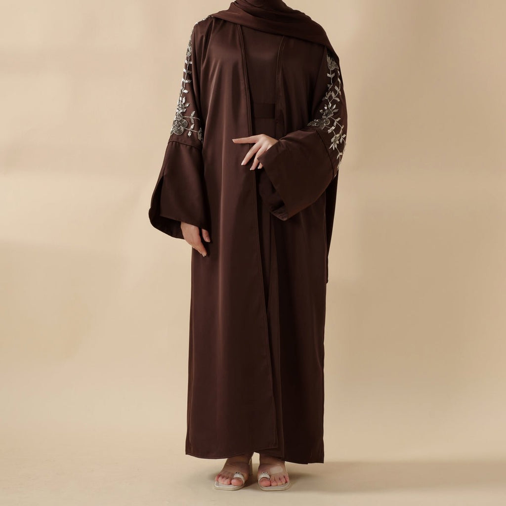Eid Abaya - Perfect for Eid Celebrations Elegant Dark Brown Three-Piece Bead Embroidery (MOA112)