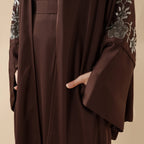 Eid Abaya - Perfect for Eid Celebrations Elegant Dark Brown Three-Piece Bead Embroidery (MOA112)