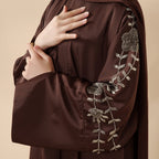Eid Abaya - Perfect for Eid Celebrations Elegant Dark Brown Three-Piece Bead Embroidery (MOA112)