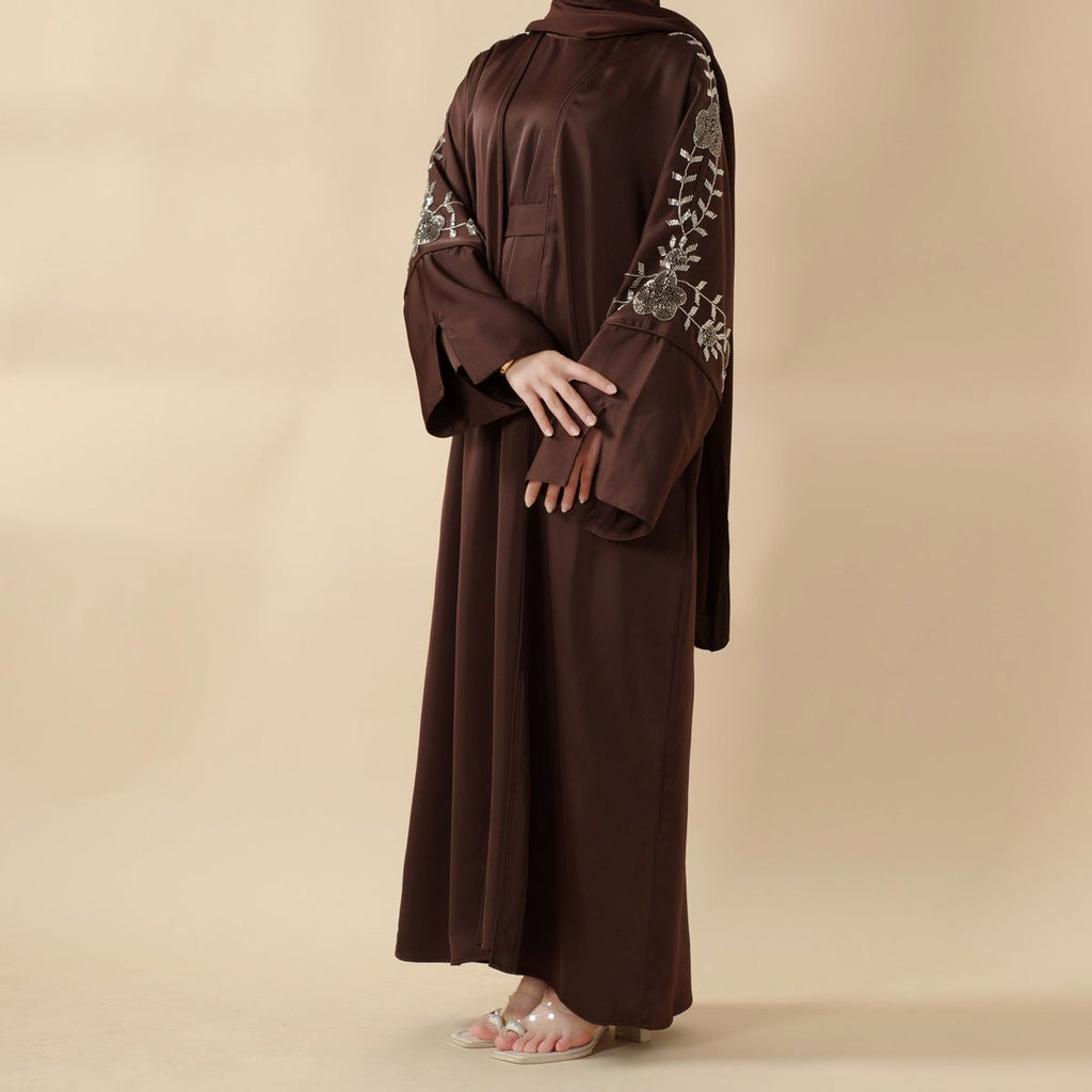 Eid Abaya - Perfect for Eid Celebrations Elegant Dark Brown Three-Piece Bead Embroidery (MOA112)