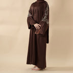 Eid Abaya - Perfect for Eid Celebrations Elegant Dark Brown Three-Piece Bead Embroidery (MOA112)