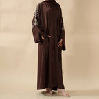 Eid Abaya - Perfect for Eid Celebrations Elegant Dark Brown Three-Piece Bead Embroidery (MOA112)