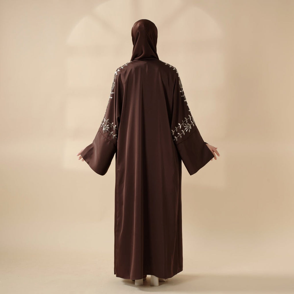 Eid Abaya - Perfect for Eid Celebrations Elegant Dark Brown Three-Piece Bead Embroidery (MOA112)
