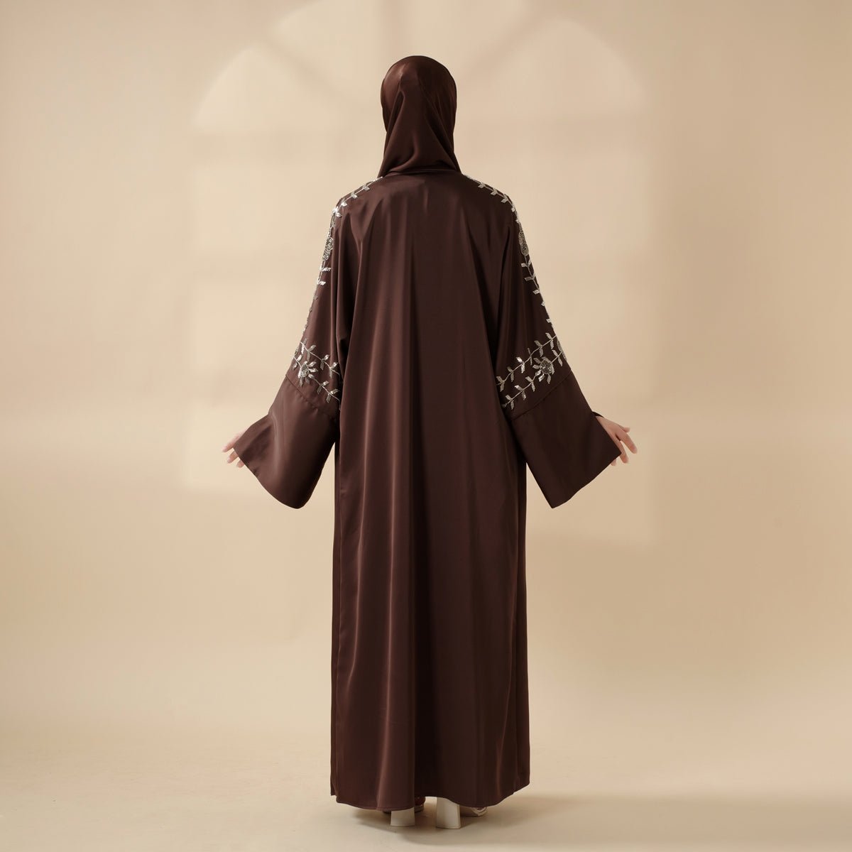 Eid Abaya - Perfect for Eid Celebrations Elegant Dark Brown Three-Piece Bead Embroidery (MOA112)