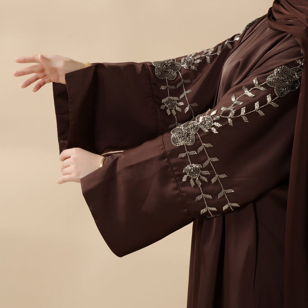 Eid Abaya - Perfect for Eid Celebrations Elegant Dark Brown Three-Piece Bead Embroidery (MOA112)