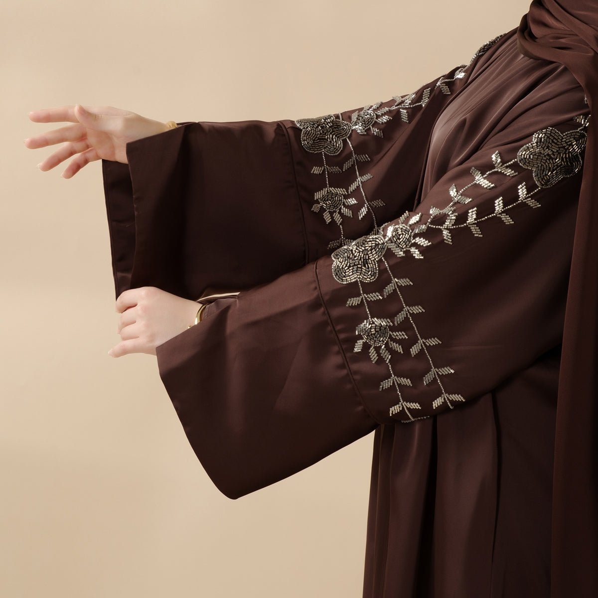 Eid Abaya - Perfect for Eid Celebrations Elegant Dark Brown Three-Piece Bead Embroidery (MOA112)