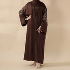 Eid Abaya - Perfect for Eid Celebrations Elegant Dark Brown Three-Piece Bead Embroidery (MOA112)