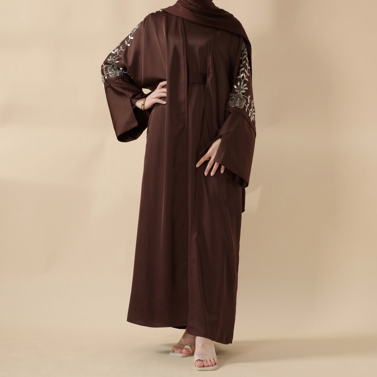 Eid Abaya - Perfect for Eid Celebrations Elegant Dark Brown Three-Piece Bead Embroidery (MOA112)