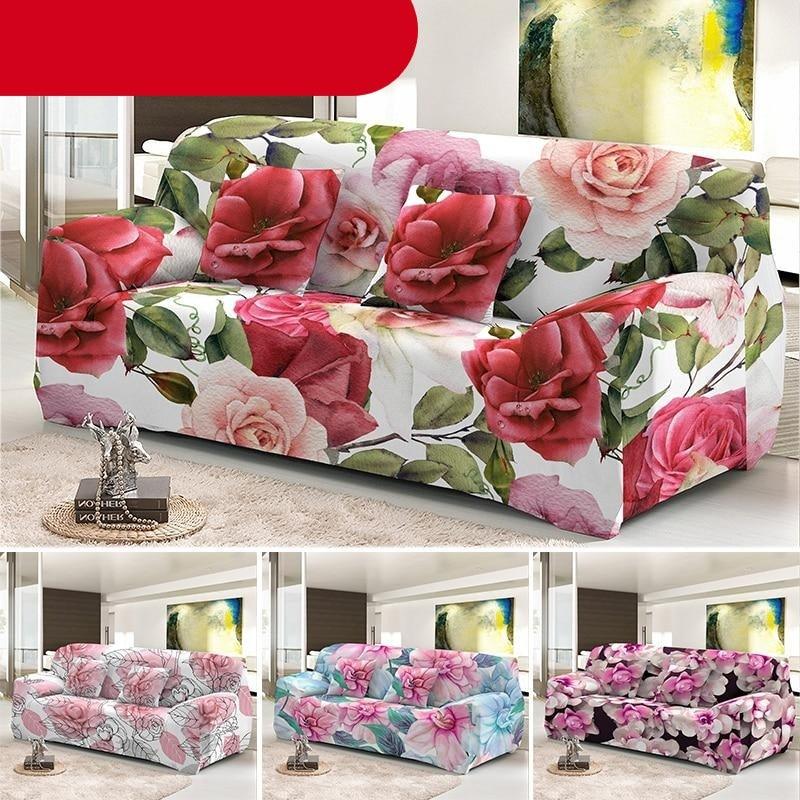 Elastic Sofa Cover For Living Room Stretch Combination Slipcovers Flowers Printed Sectional Couch Covers 1/2/3/4 Seater Floral Pattern Sofa Cover With Separate Cushion Cover Stretch Armchair Slipcover Washable Furniture Protector Stevvex