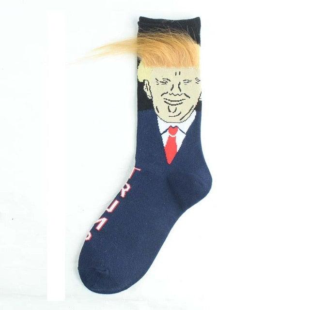 Election Spoof Funny President Donald Trump Socks With 3D Fake Hair Funny Crew Socks Unisex Compression Socks Streetwear Hip Hop Style Socks For Men And Women Stevvex